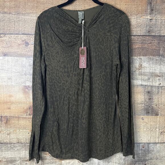 XCVI Twist Front Long Sleeve Olive Green Leopard Print Top SZ Medium NWT - Picture 2 of 9